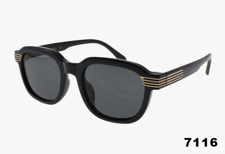 Black sunglasses with gold accents on a white background