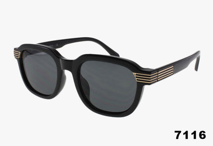 Black sunglasses with gold accents on a white background