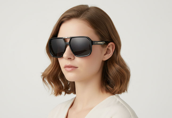 Woman wearing black sunglasses against a light background