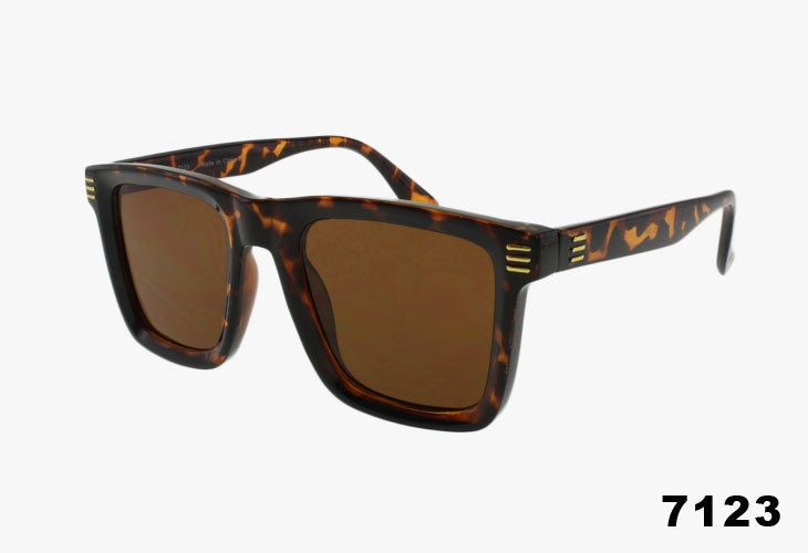 Sunglasses with tortoiseshell frame and brown lenses on a white background