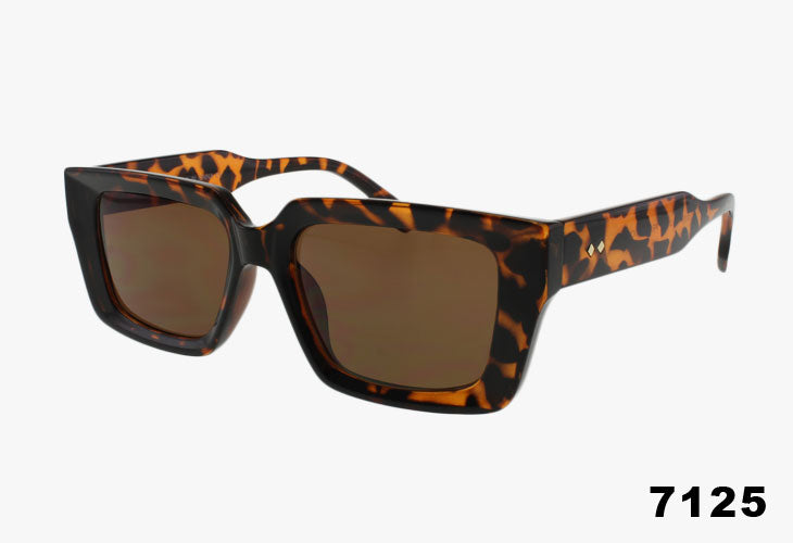 Medium size rectangle tortoise shell sunglasses with 2 temple rivets