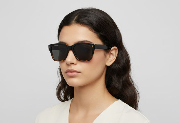 Woman wearing dark sunglasses against a light gray background