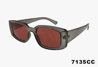 Sunglasses with a gray frame and red lenses on a white background