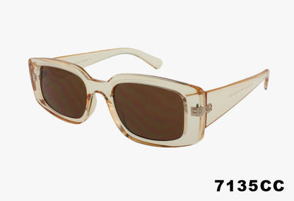 Sunglasses with a beige frame and brown lenses on a white background