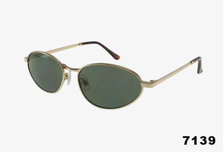 Wholesale Fashion Slim Oval Metal Sunglasses with green lenses and metal frame.