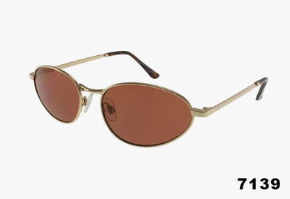 Wholesale Fashion Slim Oval Metal Sunglasses with amber lenses and metal frame.