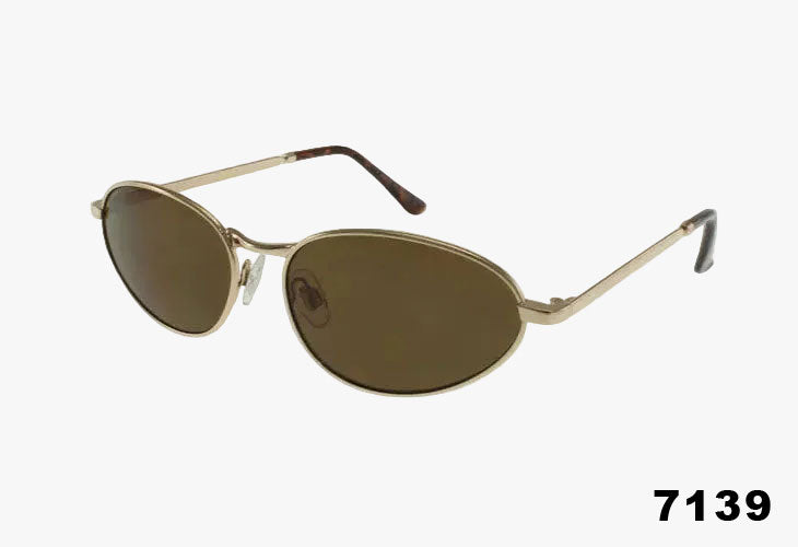 Wholesale Fashion Slim Oval Metal Sunglasses with brown lenses and metal frame.