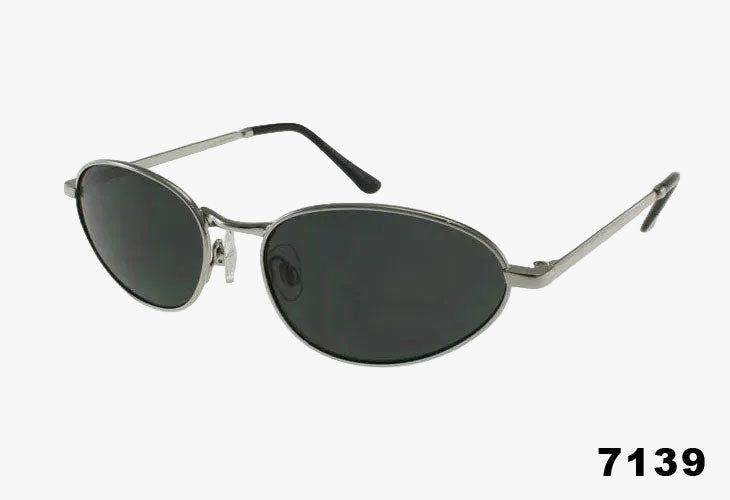 Wholesale Fashion Slim Oval Metal Sunglasses with smoke lenses and metal frame.
