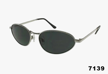 Wholesale Fashion Slim Oval Metal Sunglasses with smoke lenses and metal frame.