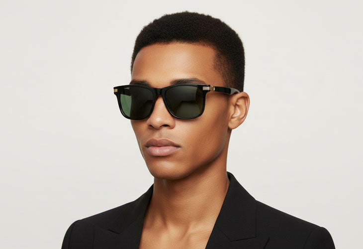 Person wearing black sunglasses and a black outfit on a light gray background
