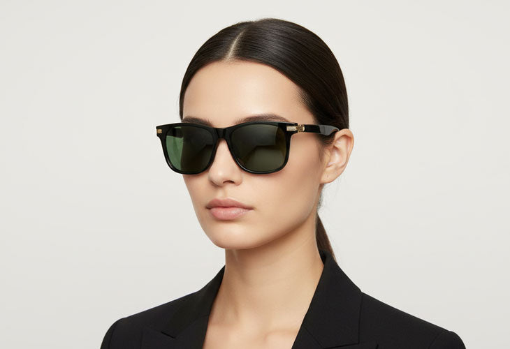 Woman wearing black sunglasses against a light gray background