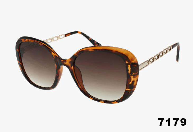 Sunglasses with tortoiseshell frame and gradient lenses on a white background