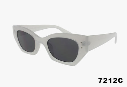 White cat-eye sunglasses with dark lenses on a white background