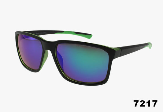 Sunglasses with black frame and green accents on a white background