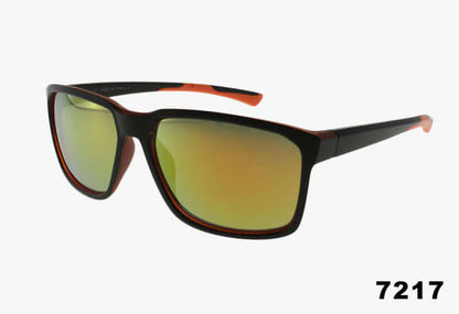Sunglasses with black and orange frame on a white background