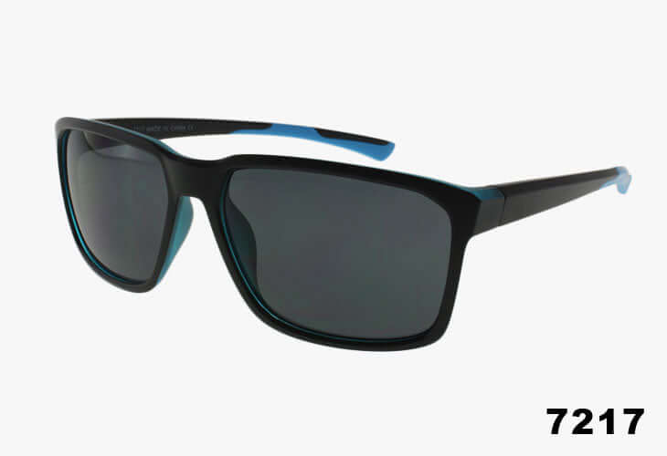 Black sunglasses with blue accents on a white background