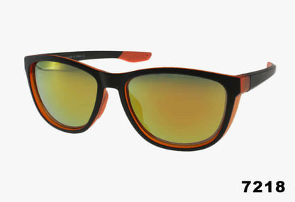 Wholesale Oval Fashion Rubber Lined Sport Style Sunglasse in black and orange with mirrored lenses, model 7218.