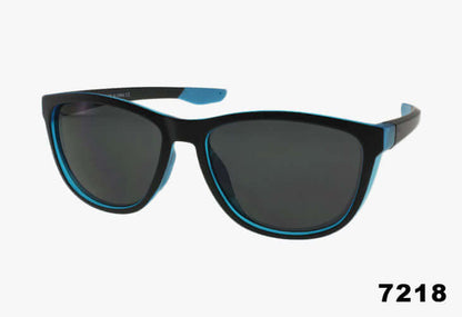 Wholesale Oval Fashion Rubber Lined Sport Style Sunglasses in black and blue with UV400 protection.