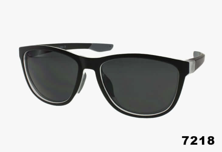 Wholesale Oval Fashion Rubber Lined Sport Style Sunglasses in black with grey detailing and dark lenses, model 7218.