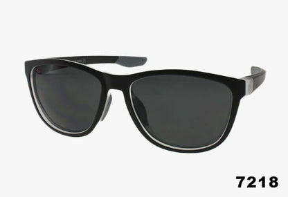 Wholesale Oval Fashion Rubber Lined Sport Style Sunglasses in black with grey detailing and dark lenses, model 7218.