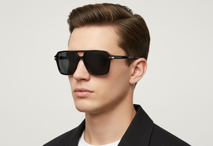 Man wearing black sunglasses with a neutral background