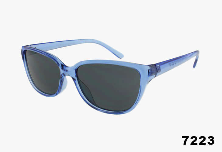 Wholesale Medium Slim Cat Eye Shaped Sunglasses in light blue color with dark lenses, stylish and trendy eyewear.