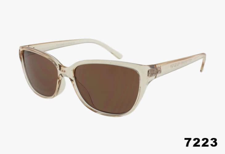 Wholesale Medium Slim Cat Eye Shaped Sunglasses in light tan color with dark lenses, stylish and trendy eyewear.