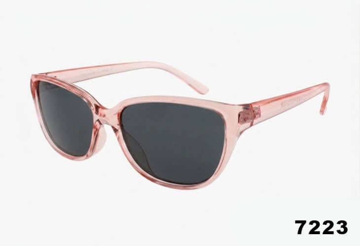 Wholesale Medium Slim Cat Eye Shaped Sunglasses in light pink color with dark lenses, stylish and trendy eyewear.
