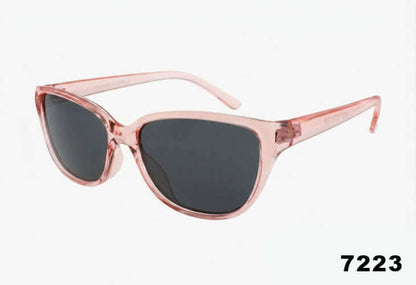 Wholesale Medium Slim Cat Eye Shaped Sunglasses in light pink color with dark lenses, stylish and trendy eyewear.