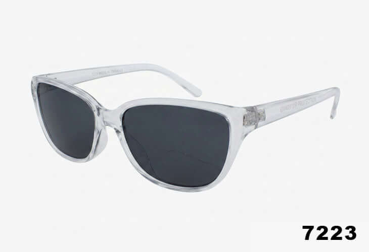 Wholesale Medium Slim Cat Eye Shaped Sunglasses in clear color with dark lenses, stylish and trendy eyewear.