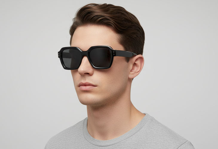Man wearing black sunglasses with a plain background