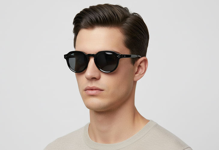 Man wearing black sunglasses against a light gray background