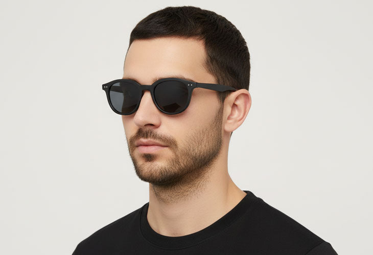 Man wearing black sunglasses against a plain background