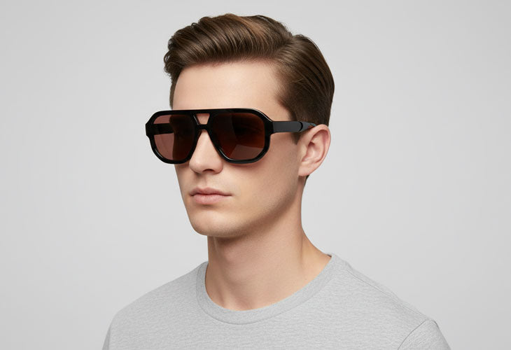 man wearing black sunglasses with amber lenses