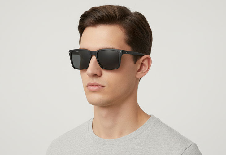 Man wearing black sunglasses against a light gray background