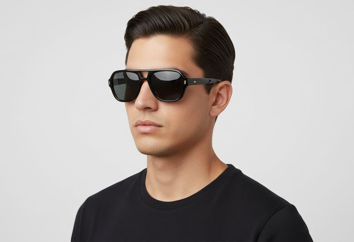 Man wearing black sunglasses and a black shirt against a light gray background
