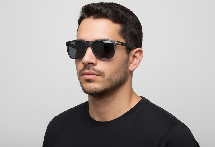 Man wearing black sunglasses and a black shirt against a gray background
