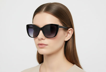 woman wearing black cat eye sunglasses