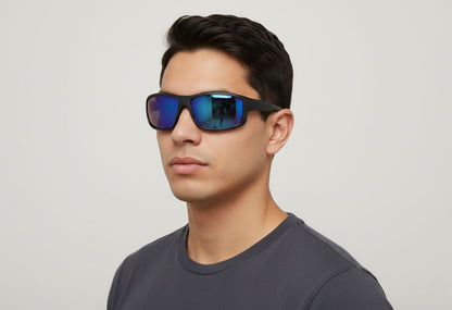 Man wearing black sunglasses with color mirror lenses