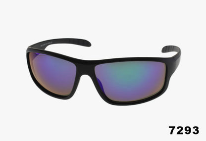 Black sunglasses with multicolored lenses on a white background