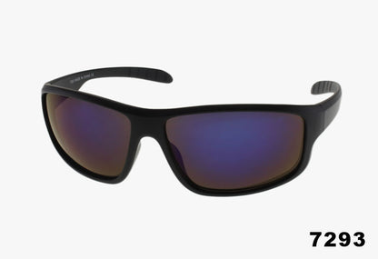 Black sunglasses with blue-tinted lenses on a white background