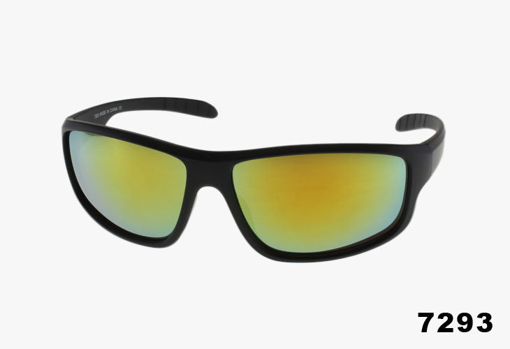 Black-framed sunglasses with yellow-tinted lenses on a white background