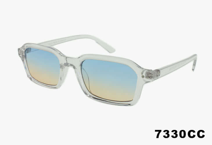 Clear frame sunglasses with blue gradient lenses on a white background