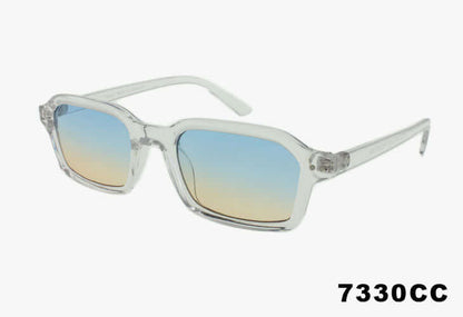 Clear frame sunglasses with blue gradient lenses on a white background