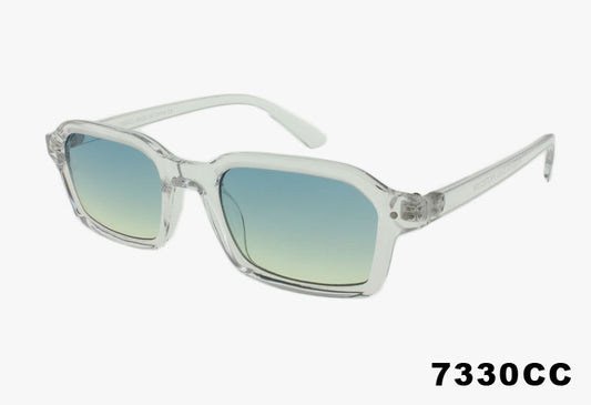 Clear frame sunglasses with blue gradient lenses on a white background