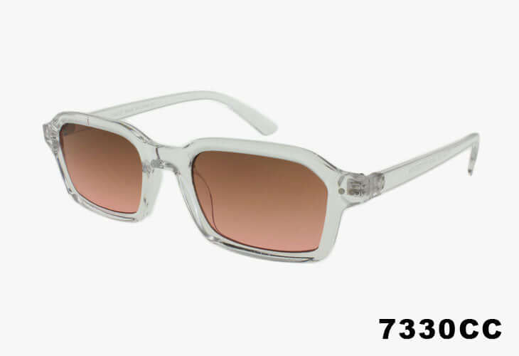 Clear frame sunglasses with brown lenses on a white background
