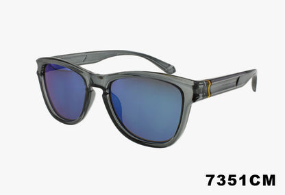 Fashion Square Sport Mirror Lens Wholesale Sunglasses with a translucent smoky gray frame and blue mirrored lenses, shown on a light gray background with the text '7351CM' in the bottom right corner.