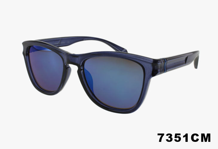 Fashion Square Sport Mirror Lens Wholesale Sunglasses with a translucent dark blue frame and blue mirrored lenses, shown on a light gray background with the text '7351CM' in the bottom right corner.