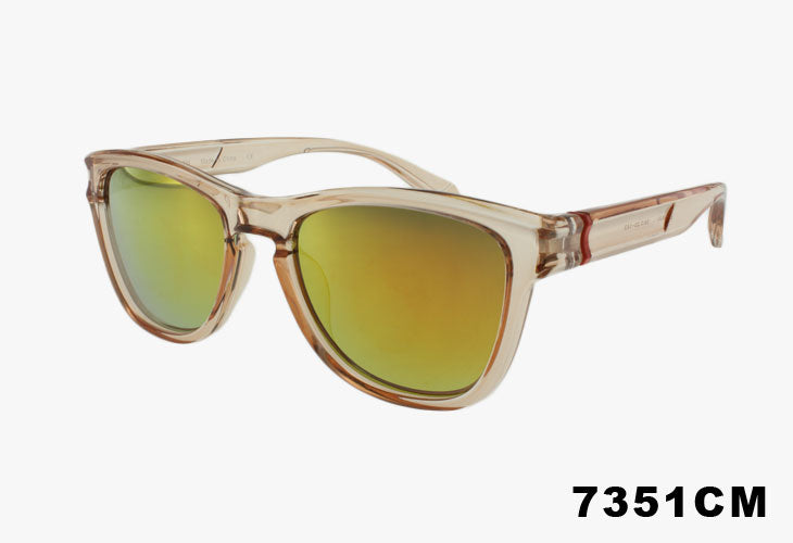 Fashion Square Sport Mirror Lens Wholesale Sunglasses with translucent warm beige frames and mirrored lenses that shift from green to gold, shown on a light gray background with the text '7351CM' in the bottom right corner.