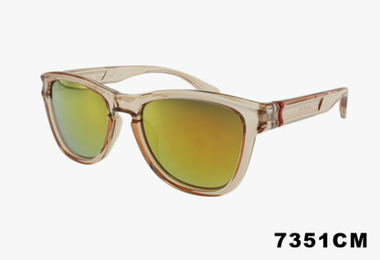 Fashion Square Sport Mirror Lens Wholesale Sunglasses with translucent warm beige frames and mirrored lenses that shift from green to gold, shown on a light gray background with the text '7351CM' in the bottom right corner.